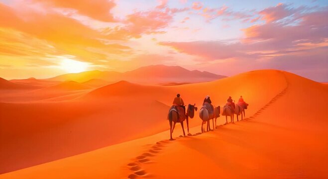 Camels on a desert tour in Arab dunes and a path for camping in the Sahara to stay overnight in a Berber desert camp