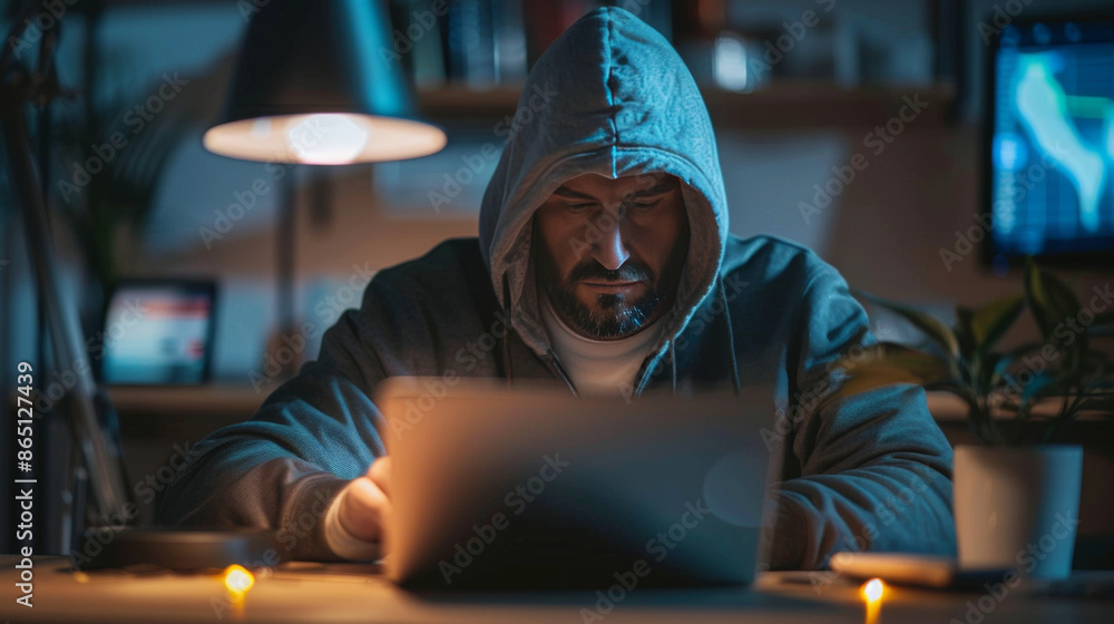 Poster hooded man intensely working on laptop in dimly lit room, suggesting cyber activity or coding.