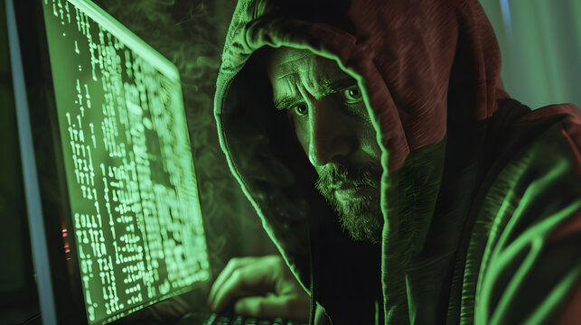 hacker looking at the computer screen with green codes programming something. He is wearing a hoodie. Green lighting
