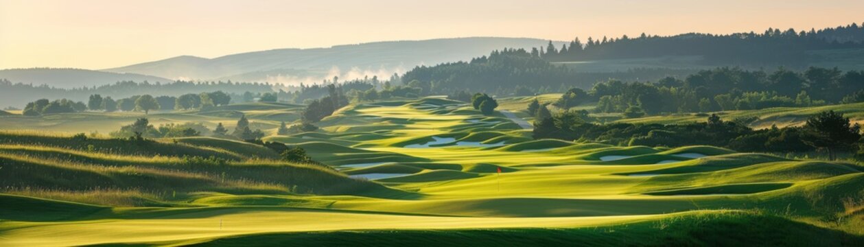 Scenic view of a beautiful golf course at sunset, lush green fairways and rolling hills under a tranquil sky, ideal for sports enthusiasts.
