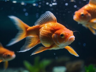 Goldfish in aquarium pond swimming up close