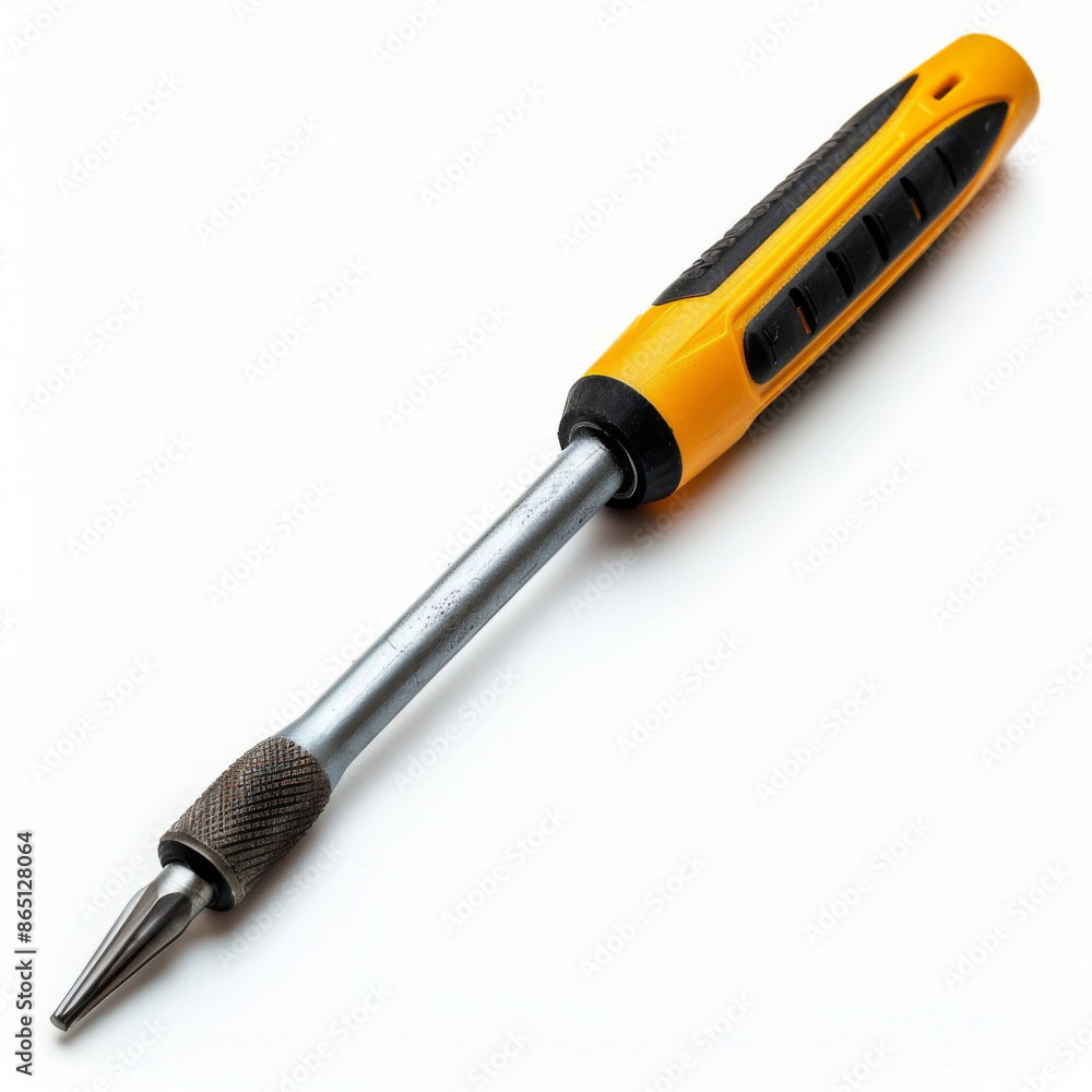 Poster a yellow hand tool with a black grip designed for various mechanical and diy tasks, isolated on whit