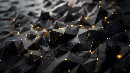 Obraz premium 3d render, abstract black crystal background with gold line, faceted texture, macro panorama, wide panoramic polygonal wallpaper