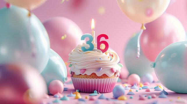 Birthday card featuring a candle with the number 36 on a cupcake surrounded by balloons and space for a 36 year old s birthday wish