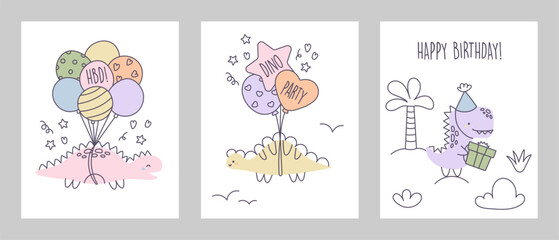 Cute Dinosaur Set. Greeting Cards, Posters with Dinosaurs. Happy Birthday Cards with Dinosaurs, Balloons, Confetti and Gift Boxes. Hand Draw Vector illustration isolated