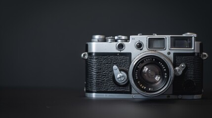 A vintage camera with a lens cap removed, against a classic black background.