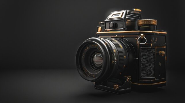 A vintage camera with a lens cap removed, against a classic black background.