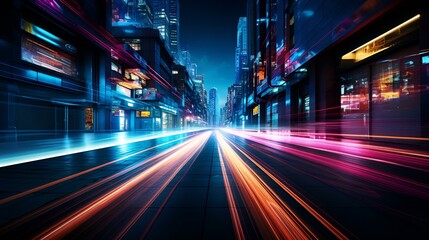 Fototapeta premium City street at night with light trails, showcasing urban nightlife and movement.