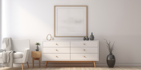 Empty frame on wooden table with flowers on white wall.