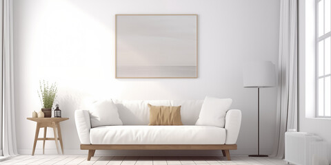 Blank picture frame mockup on white wall. White living room design. View of modern scandinavian style interior with sofa. Home staging and minimalism concept