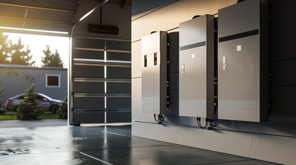 battery packs alternative electric energy storage system at home garage wall as backup or...