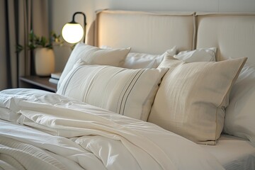 Bedroom interior design details. Comfortable bed with soft white pillows and bedding in bed
