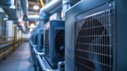 Naklejka premium Row of industrial HVAC units inside a modern facility, showcasing cooling and ventilation systems in an industrial setting.