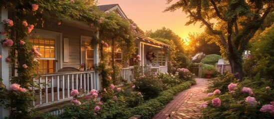 Fototapeta premium A Cozy Cottage Adorned with Roses at Sunset