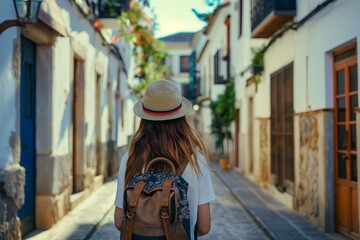 Traveler girl in street of old town in Spain. Young backpacker tourist in solo travel. Vacation, holiday, trip