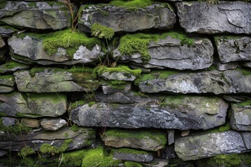 Moss thrives on an old stone wall, adding a green contrast to its weathered surface, A weathered stone wall with moss growing between the cracks