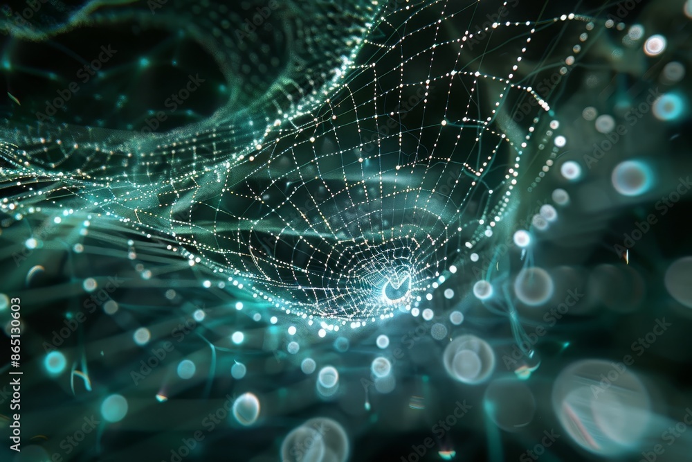Poster computer generated green and black background resembling a digital web of connections, a web of digi