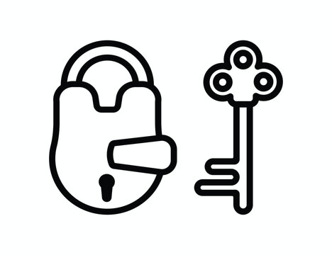 Medieval style lock and key vector outline icon