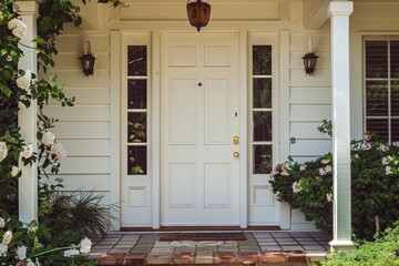 A white house featuring a pristine white front door, creating a welcoming entrance, A welcoming and clean entryway with a spotless front door and swept walkway