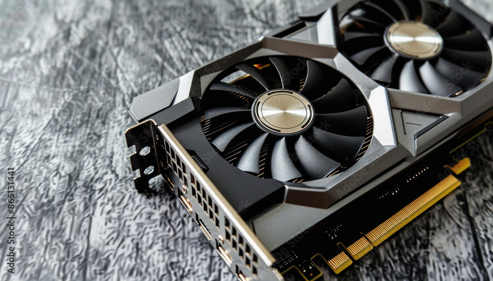Aufkleber resting on the table is a computer graphics card equipped with two cooling fans