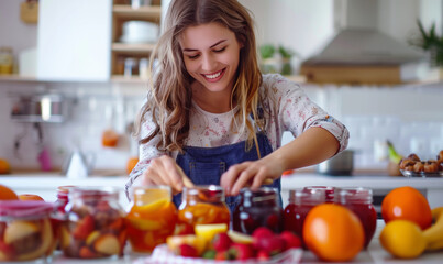 Fruit Jam Making Made Joyful by Happy Woman in White