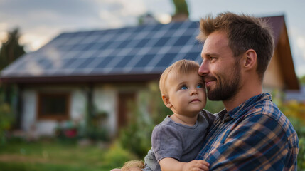 Closeup of man holding his little son against blurred house with solar panels on the roof