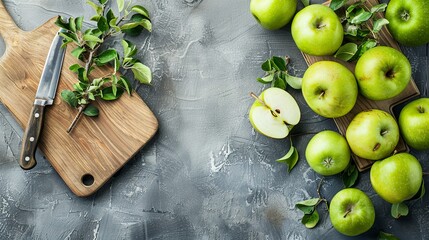 Green apples sliced ​​on a kitchen board