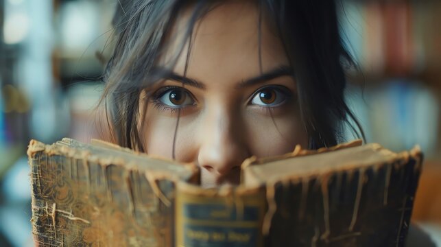 Portrait of a person holding a book for International Book Lovers Day with a passionate look and ample copy space