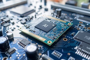 AI Circuit Board Close up, High tech Innovation, Blue Light, Advanced Computing, Artificial Intelligence Technology, Futuristic Electronics