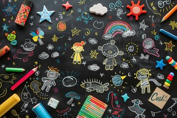 Various colorful chalk illustrations on blackboard, including cartoons, shapes, and symbols, A whimsical blackboard illustration featuring cartoon characters and playful doodles