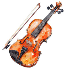 Fototapeta premium A watercolor illustration of a violin and bow. The violin is brown with a light orange finish and the bow is made of wood.