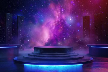 Futuristic Sci-Fi Stage with Neon Lights and Nebula Background for Product Display