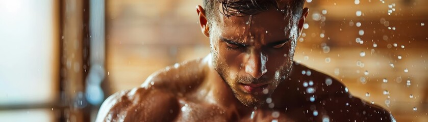 Close-up of a muscular young man in the shower, with water droplets glistening on his skin. The background is unfocused, giving a warm, serene tone.