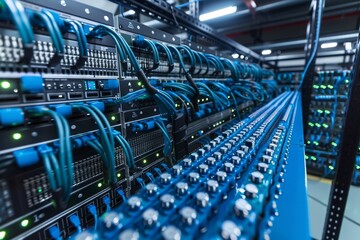 Obraz premium AI Data Center with Servers, High tech Infrastructure, Blue and Purple Light, Futuristic Technology, Advanced Computing, Artificial Intelligence