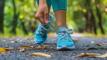 Empower Your Journey Woman Tying Running Shoes Ready to Conquer the Path to Wellness and Fitness