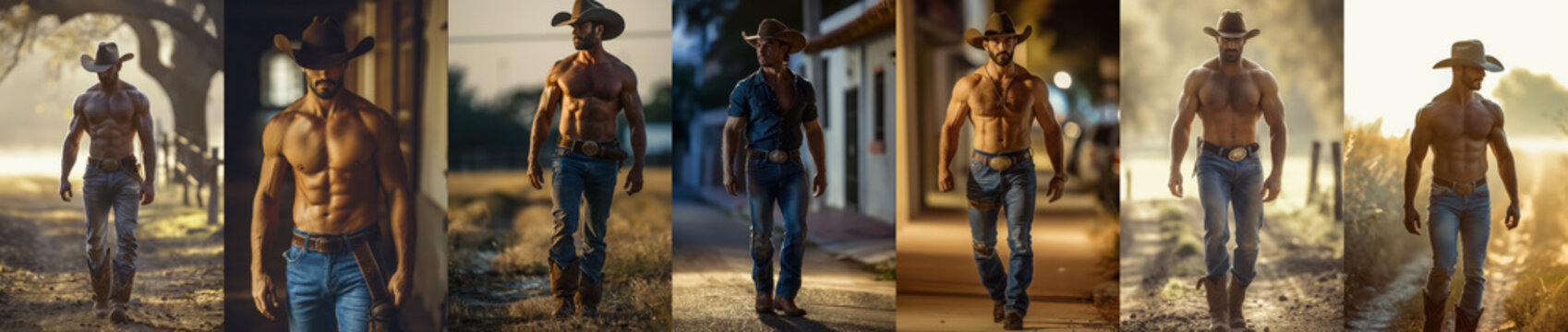 Collection of Handsome muscular cowboys wearing jeans, boots, and cowboy hats. Strong chest, abs, and biceps. Modern western man. Attractive farmer with hat. Western erotic theme