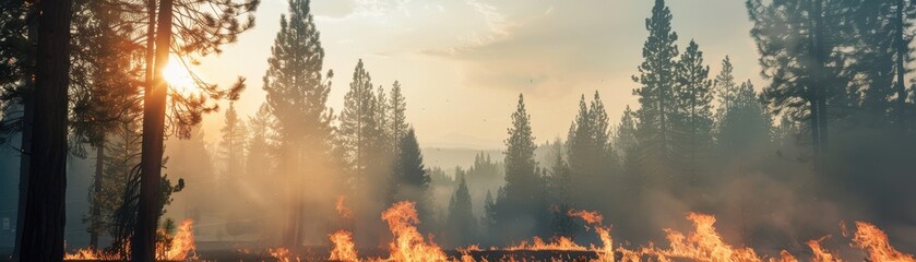Fototapeta premium Sunset over forest fire scene with trees silhouetted by flames and smoke, depicting natural disaster and climate change effects.