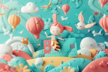 Obraz premium A close up view of a cake displayed on a table, showcasing its details and decorations, A whimsical credit card with cartoon characters