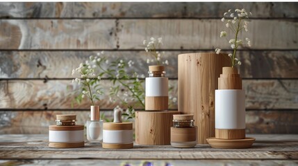 Rustic Elegance Natural Wood Skincare Bottles on Aged Barn Wood Background