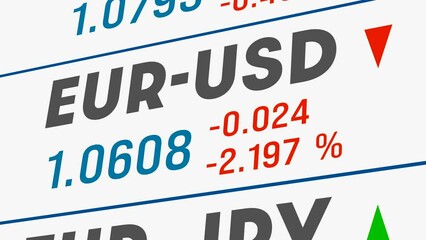 Euro to US dollar currency rate moving down. Close up device screen. Absolute and percentage change. EUR, USD, Currency trading, exchange rate, business, financial  market data. - Powered by Adobe