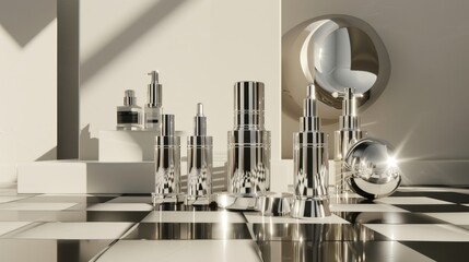 Strategic Skincare Reflective Chrome Bottles on Chessboard