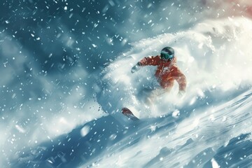 A man swiftly snowboarding down a snowy slope on a snowboard, A whimsical depiction of a snowboarder riding through a blizzard
