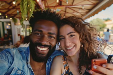 9. Portrait of an international couple taking a selfie in a chic cafe, high quality photo, photorealistic, joyful mood, well-lit environment