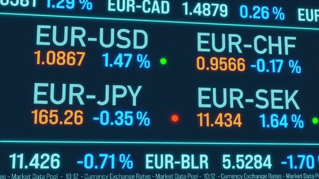 Euro, US dollar, Swiss franc, Japanese yen and Swedish krona rates on the trading screen. Currency board, business, investment, global rates, ticker, concept.
