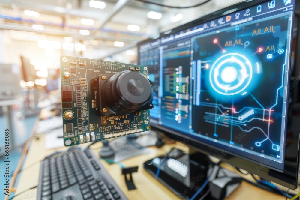 Poster ai circuit board and processor, advanced computing, blue light, high tech innovation, artificial int