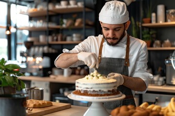 21. Portrait of a diverse barista decorating a cake in a stylish cafe, high quality photo, photorealistic, precise action, bright environment