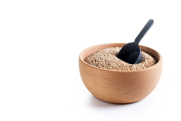 Rolled oats, healthy breakfast cereal oat flakes in bowl isolated on white background. Copy space