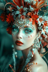 La Catrina Makeup Portrait: A close-up of a woman with intricate Catrina makeup, adorned with vibrant flowers in her hair and traditional Mexican attire. Dia De Los Muertos.