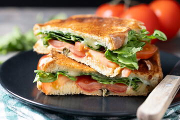 Healthy spinach, tomato and cheese sandwich on wooden table