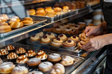9. Close-up of a barista's hands arranging pastries in a display case, high detail, photorealistic, precise action, studio lighting